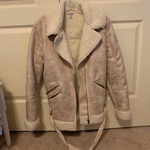 Tobi Cream Suede Moto Coat